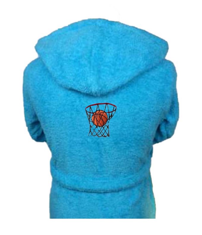 Peignoir brodé enfant personnalisé devant et  motif basket au dos