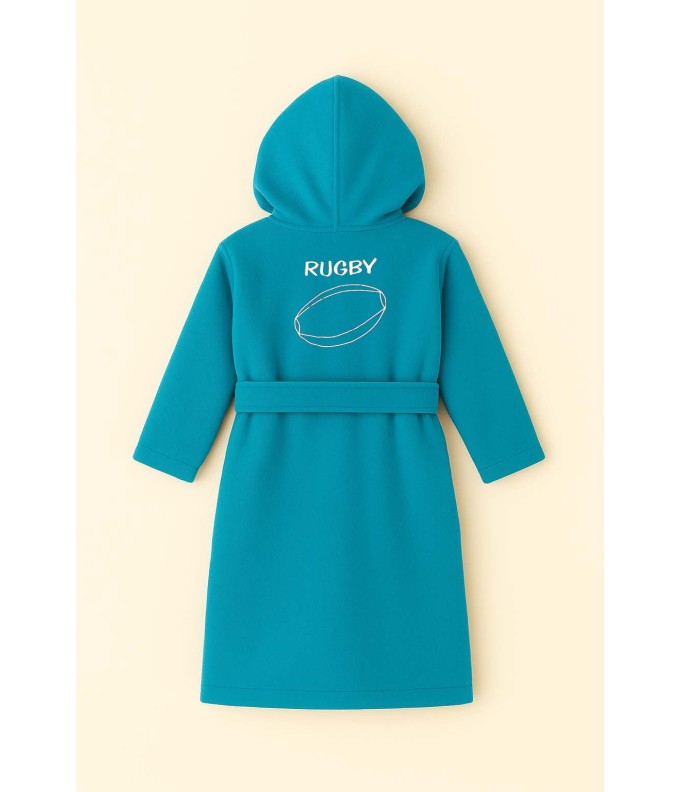 Peignoir brodé enfant 8 à 14 ans personnalisé devant et  motif rugby au dos