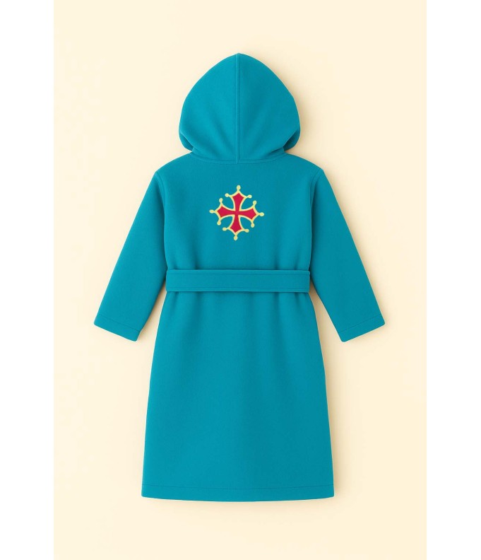 Peignoir brodé enfant personnalisé devant et  motif croix occitane au dos