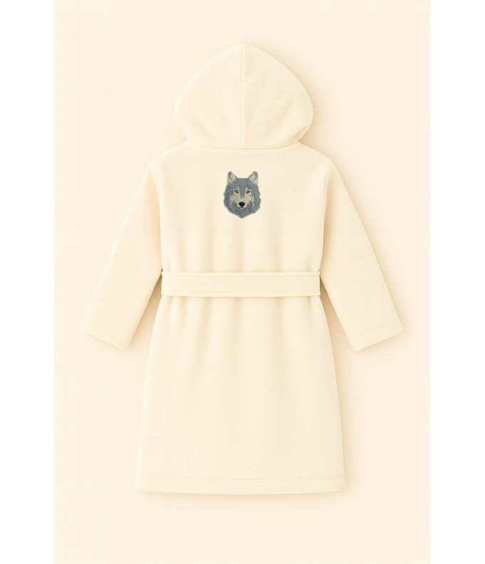 Peignoir brodé enfant personnalisé devant et  motif loup au dos