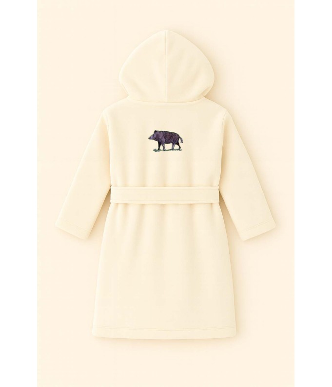 Peignoir brodé enfant personnalisé devant et  motif sanglier au dos