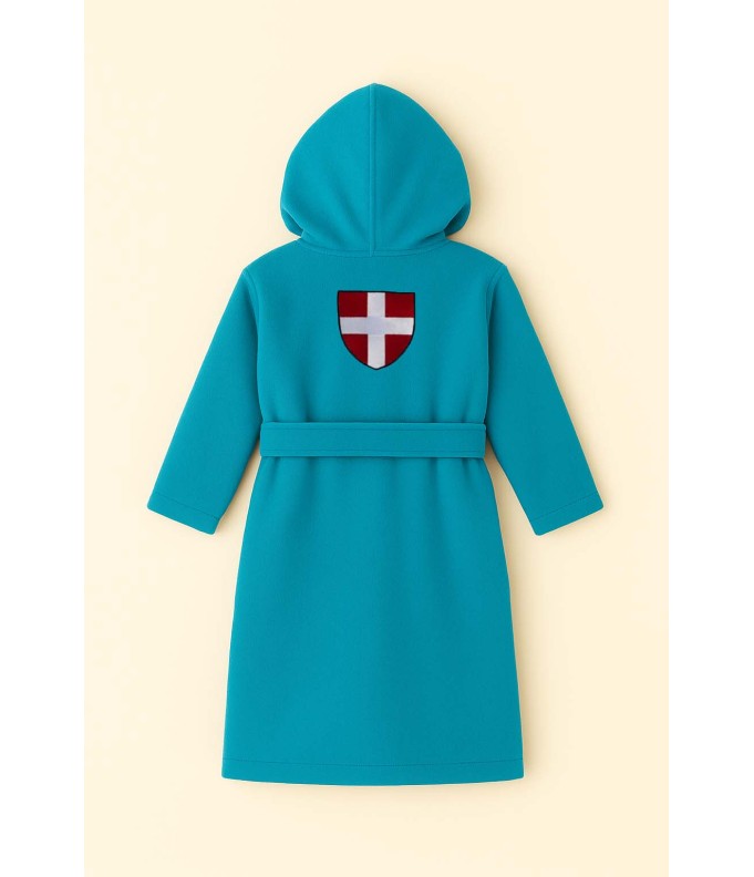 Peignoir brodé enfant personnalisé devant et  motif croix Savoie au dos
