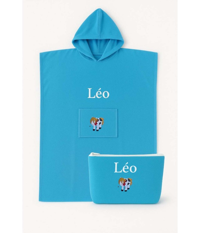 Cadeau naissance: poncho et trousse personnalisés motif et prénom