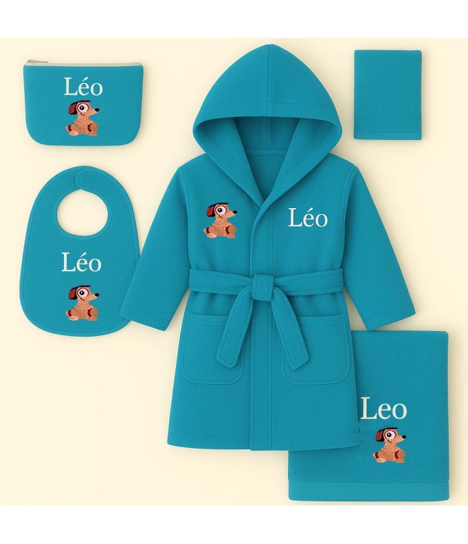 Cadeau naissance: peignoir, bavoir, trousse et serviette motif et prénom + gant