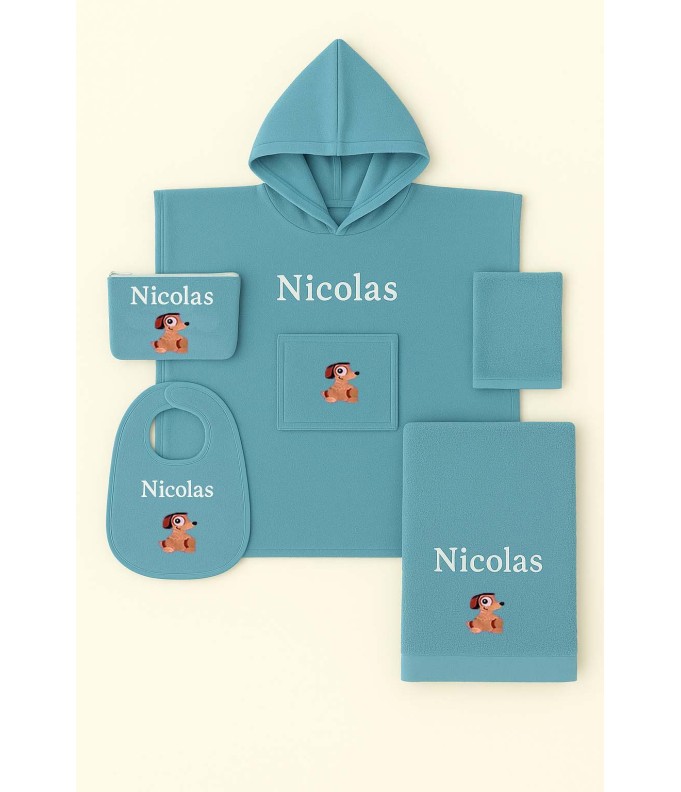 Cadeau naissance: poncho, bavoir, trousse et serviette motif et prénom + gant
